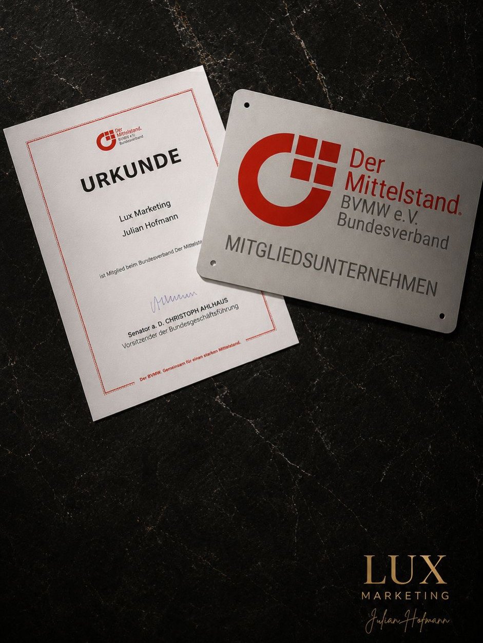 Mitgliedsurkunde Bundesverband Der Mittelstand (BVMW) – Lux Marketing, Julian Hofmann, mit Unterschrift